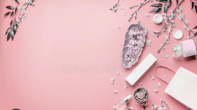 Pink colour background with leaves and right bottom a small bag .
