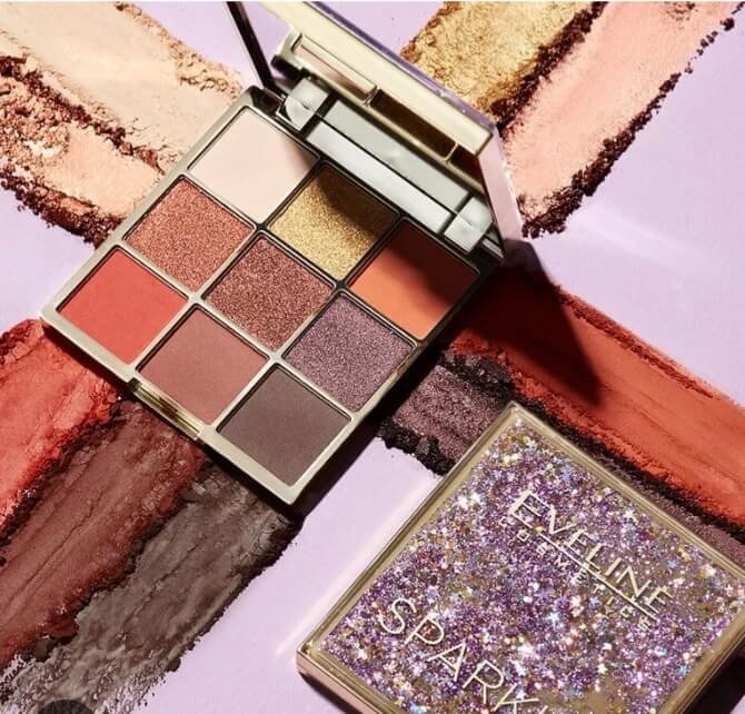 Eveline Cosmetics Sparkle eyeshadow palette . This beauty product displaying nine shimmer and matte warm shades"