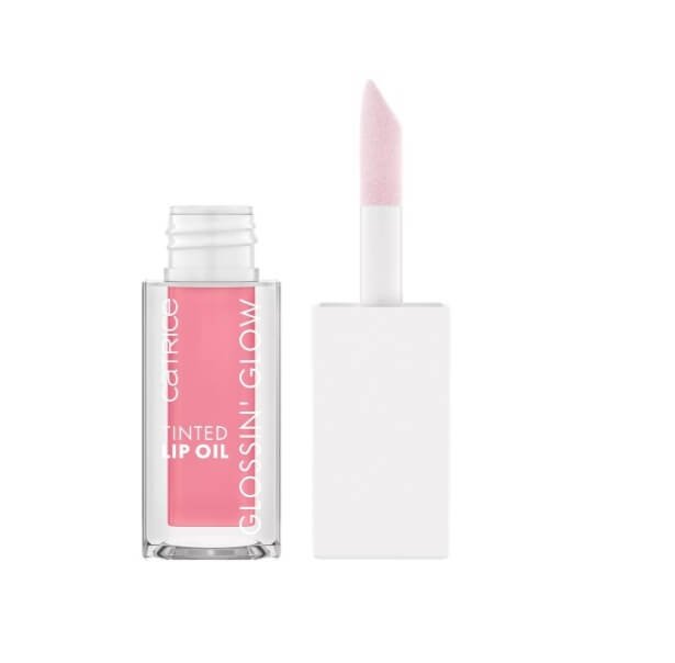 Catrice Tinted beauty product. Lip Oil Glossin' Glow bottle with an open pink applicator wand"