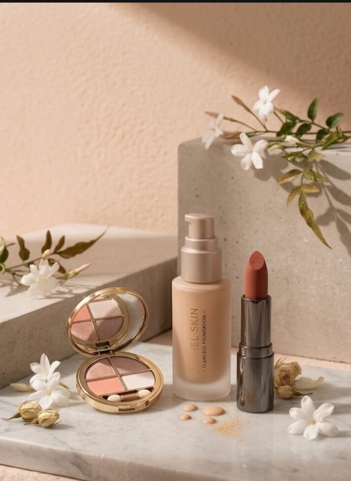 Liquid foundation bottle, lipstick, and eyeshadow palette on marble.