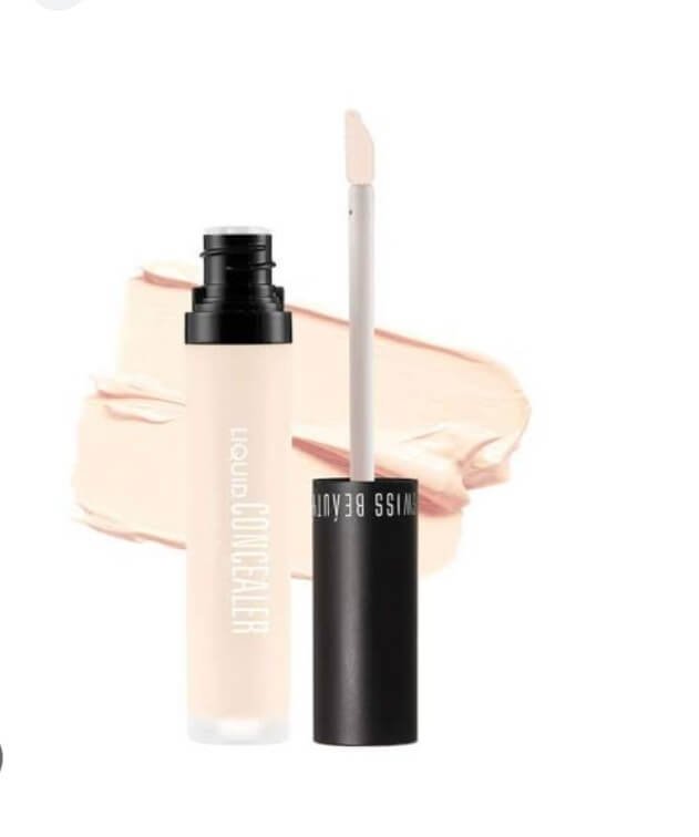 Swiss Beauty product.A liquid concealer with applicator and swatch"